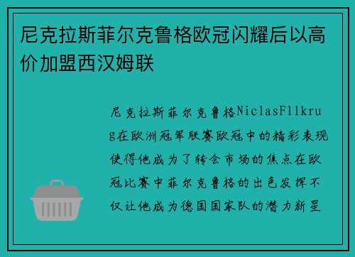 尼克拉斯菲尔克鲁格欧冠闪耀后以高价加盟西汉姆联